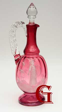 CRANBERRY GLASS DECANTER WITH MARY GREGORY DECORATION